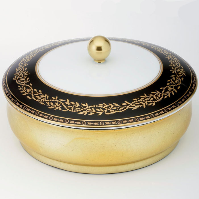 THG MARQUISE NOIR DECOR OR Китайская лакированная коробка с белой керамической крышкой Ø180 мм., big size, декор черный/золото, цвет: золото