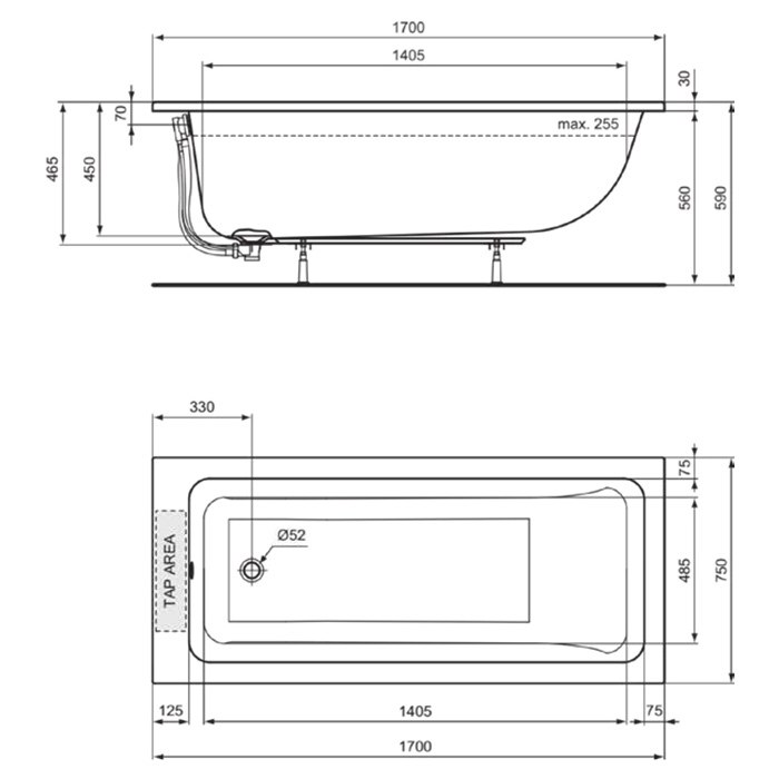 Ideal Standard Dolce Vita Ванна 170x75 см, встраиваемая, акрил, без панелей, перелива, ножки в комплекте, цвет: белый глянец