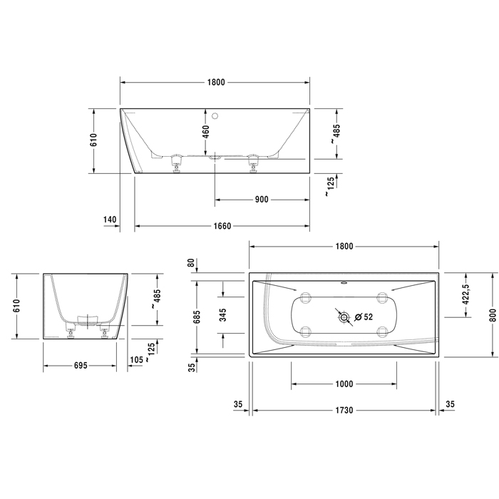 Duravit Vitrium Ванна встраиваемая 180x80см, Dx, с ножками, с2 наклонами для спины, прямоугольная, цвет: темно-серый матовый