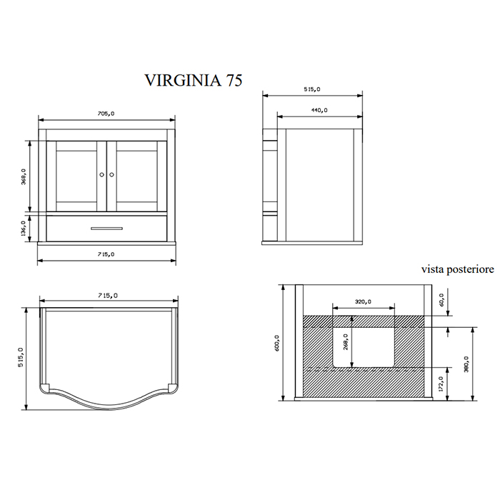 EBAN Virginia Комплект мебели, База с двумя дверцами и ящиком, под раковину, с раковиной и зеркалом со светильником, 75см, Цвет: BIANCO ASSOLUTO 