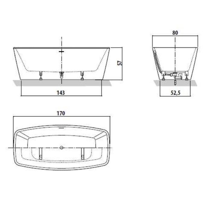 Jacuzzi Esprit Ванна акриловая отдельностоящая, 170x80x57 см без смесителя, без наполнения, цвет: белый-хром