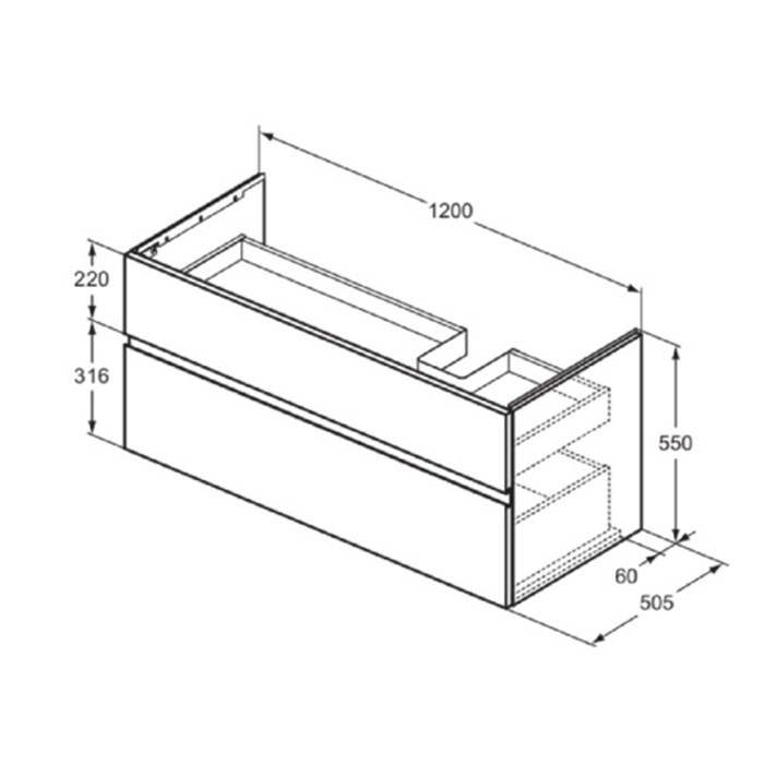 Ideal Standard Finesse Тумба с раковиной 120x50см, подвесная, DX, 2 ящика, 1 отв., цвет: пепельно-голубой матовый