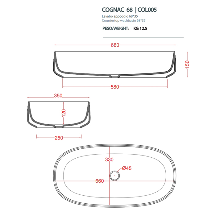 Artceram Cognac Раковина накладная 68x35 см, saniglaze, цвет: белый глянцевый