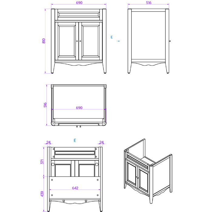 TW Veronica Nuovo комплект мебели с 2-мя дверцами, с доводчиками Blum, ручки: бронза, 73см, напольный, цвет: белый