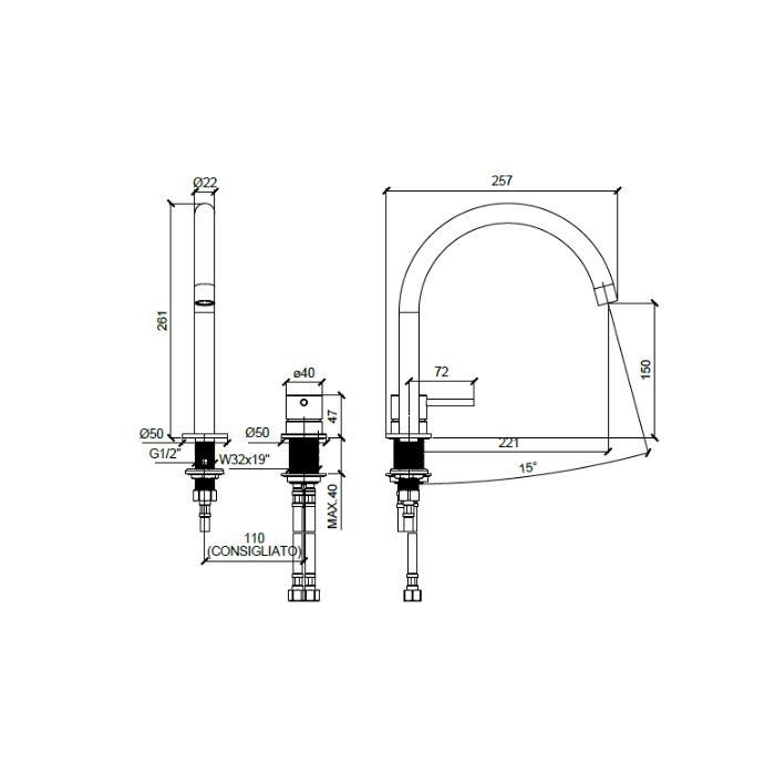 Almar Mixers Смеситель для раковины, 2 отв., без донного клапана, цвет: латунь брашированная PVD