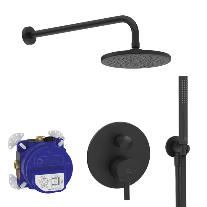 Ideal Standard Ceraline Душевой комплект: встраиваемый смеситель для ванны/душа, верхний душ Ø20см., держатель, лейка для душа и шланг 175см., цвет: черный матовый