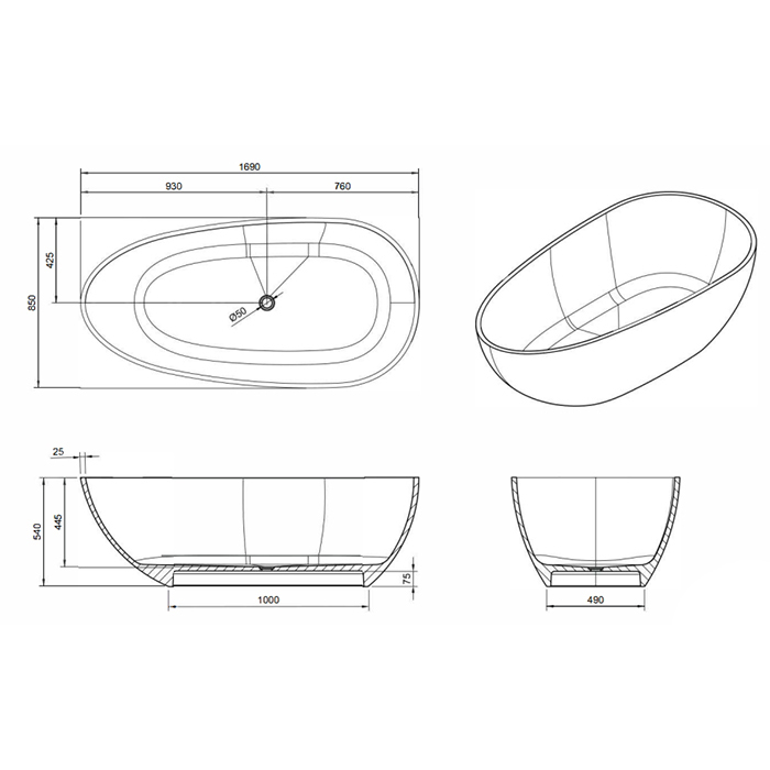 Knief EGG Shape Ванна отдельностоящая 170x85x54см., из полимерного материала, цвет: Arangonit # 050