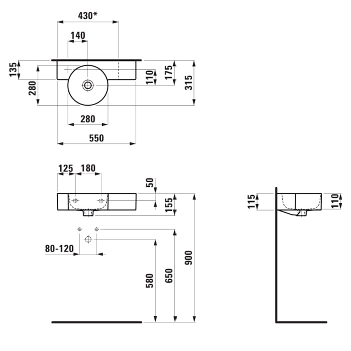 Laufen VAL Раковина с полкой 55x31.5x11.5см., с 1 отв., Dx, цвет: белый