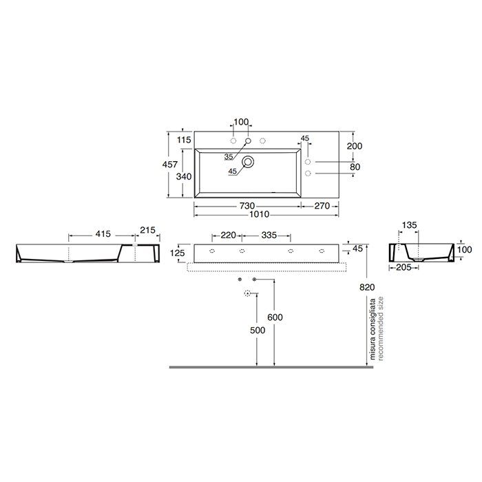 Azzurra Elegance Squared Раковина подвесная/накладная, 102x46xH12,5 см, правая, 1 отв., цвет: Bianco lucido