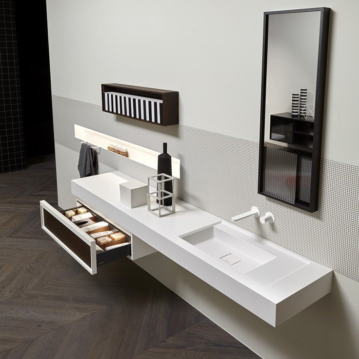 Antonio Lupi Bemade Комплект подвесной мебели с тумбой под раковину, раковиной Graffio, зеркалом Tratteggio, повдесным шкафом, 72 см, цвет: белый матовый
