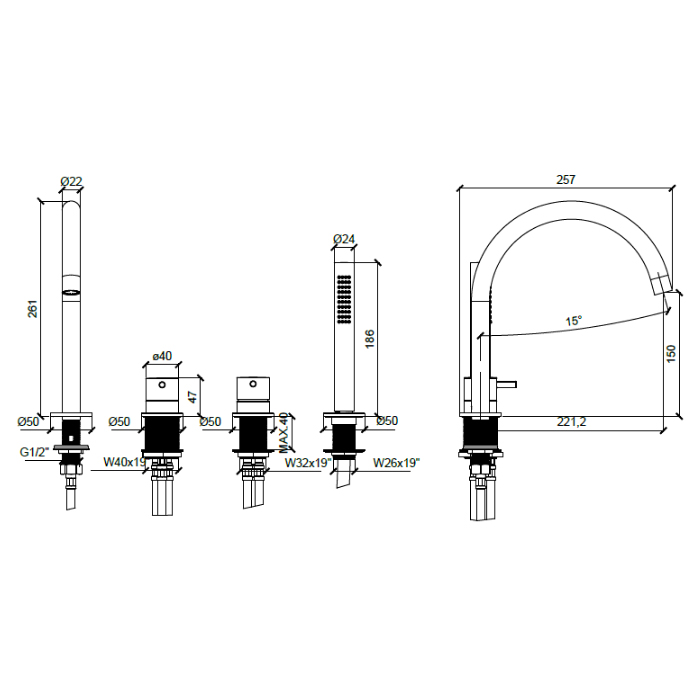 Almar Mixers Смеситель на борт ванны, 4 отв., с ручным душем, цвет: латунь брашированная PVD
