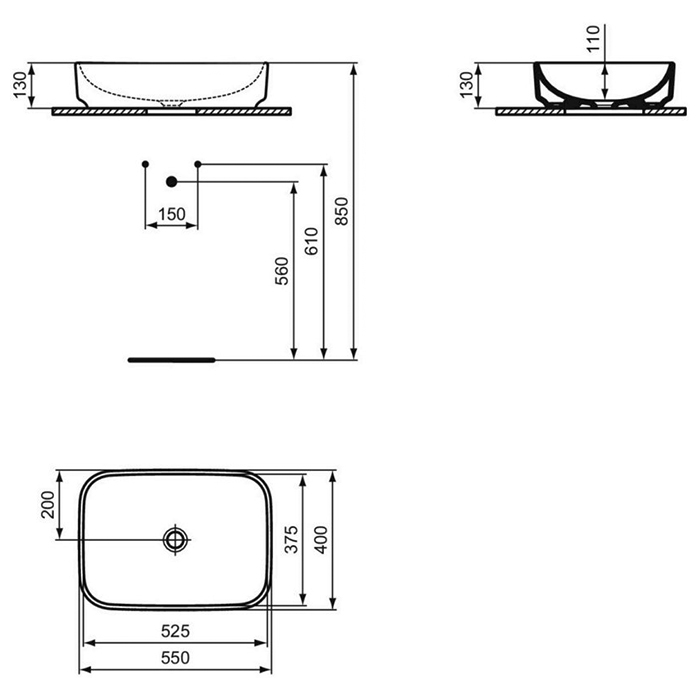 Ideal Standard i.life Раковина 55х40х13см., накладная, без отв., без перелива, без крепежа, цвет: белый глянцевый