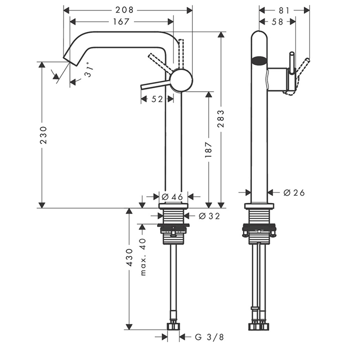 Hansgrohe Tecturis S Смеситель для раковины, высокий, 1 отв., с донным клапаном Push-Open, цвет: черный матовый