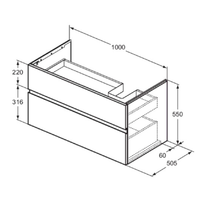 Ideal Standard Finesse Тумба с раковиной 100x50см, подвесная, DX, 2 ящика, 1 отв., цвет: пепельно-голубой матовый