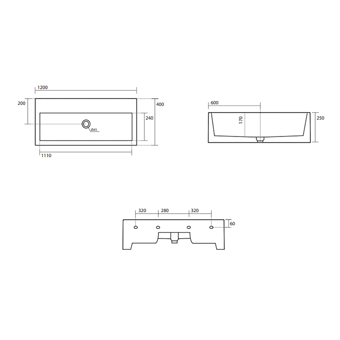 Kerasan Kanaal Раковина подвесная 120х40см., с 2 отв., цвет: Matt Black