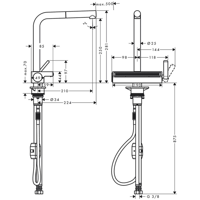 Hansgrohe Aquno Select M81 Смеситель для кухни, 1 отв., с вытяжным душем 2jet, цвет: хром