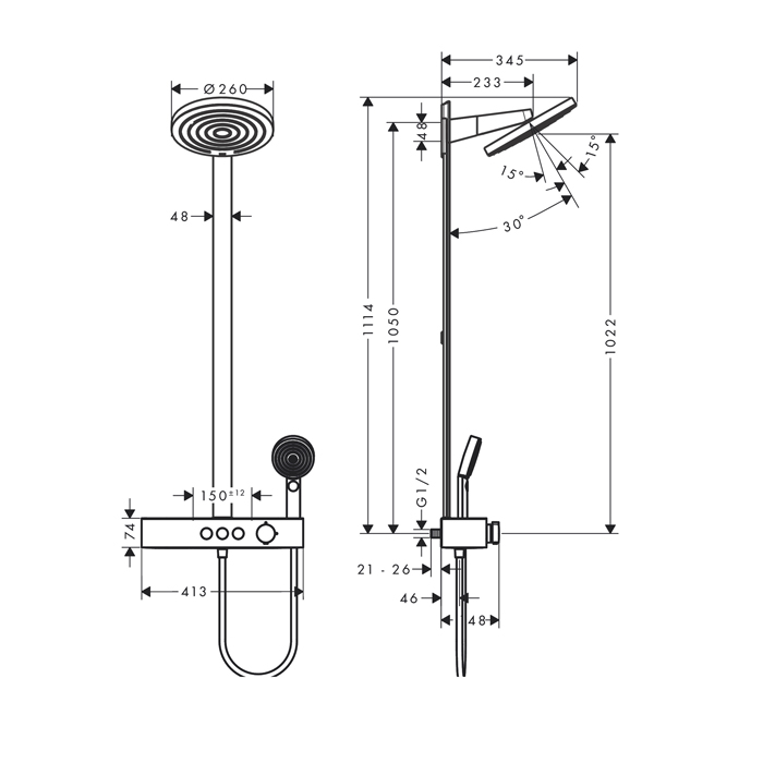 Hansgrohe Pulsify Душевая стойка с термостатическим смесителем, верхним душем Ø260 мм с 2 режимами, ручным душем и шлангом, цвет: черный матовый/графит