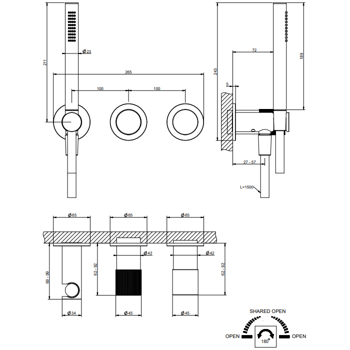 Gessi HABITO RIGATO Смеситель для душа, встраиваемый, на 2 выхода, с ручным душем, цвет: черный матовый