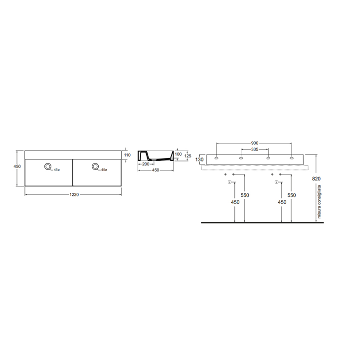 Azzurra Elegance Squared Раковина подвесная/накладная, 122x45xH12,5 см, без отв., двойная, цвет: Bianco lucido