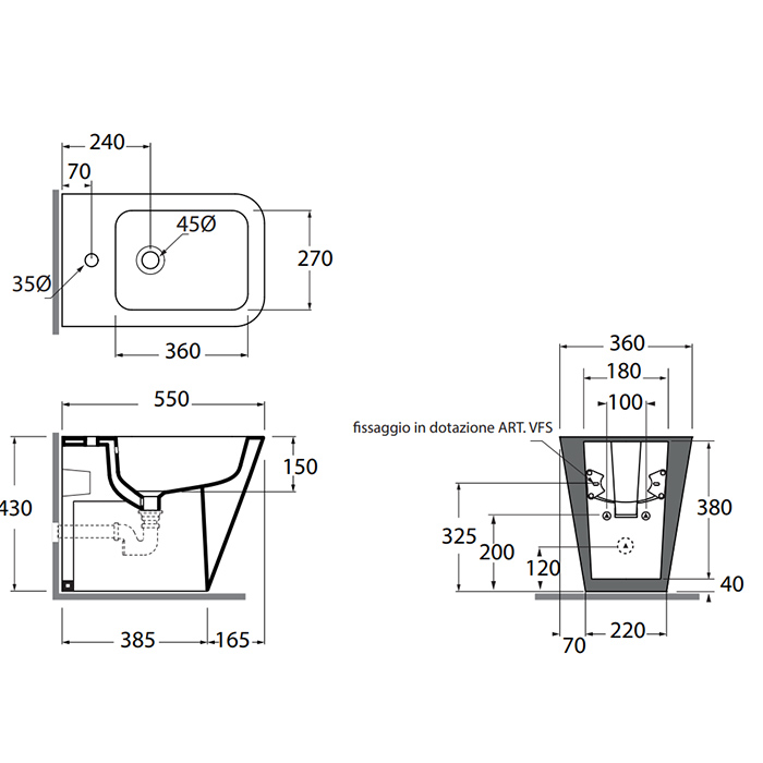 Azzurra Build Биде напольное 55х36х42 см. с 1 отв. под смеситель , с крепежами, цвет: белый