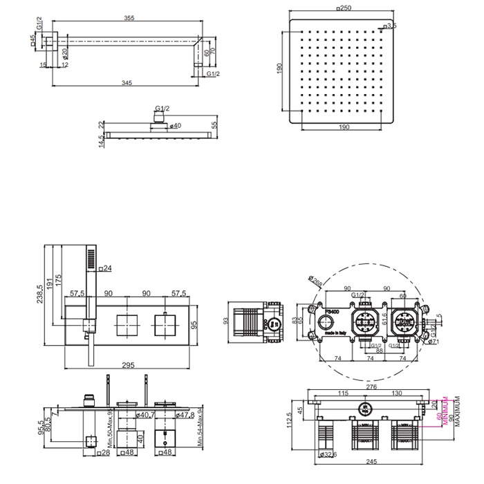 Fima Carlo Frattini Sistemi doccia Душевая система, верхний душ 25х25см., с термостатическим смесителем и ручным душем, на 2 источника, цвет: черный матовый