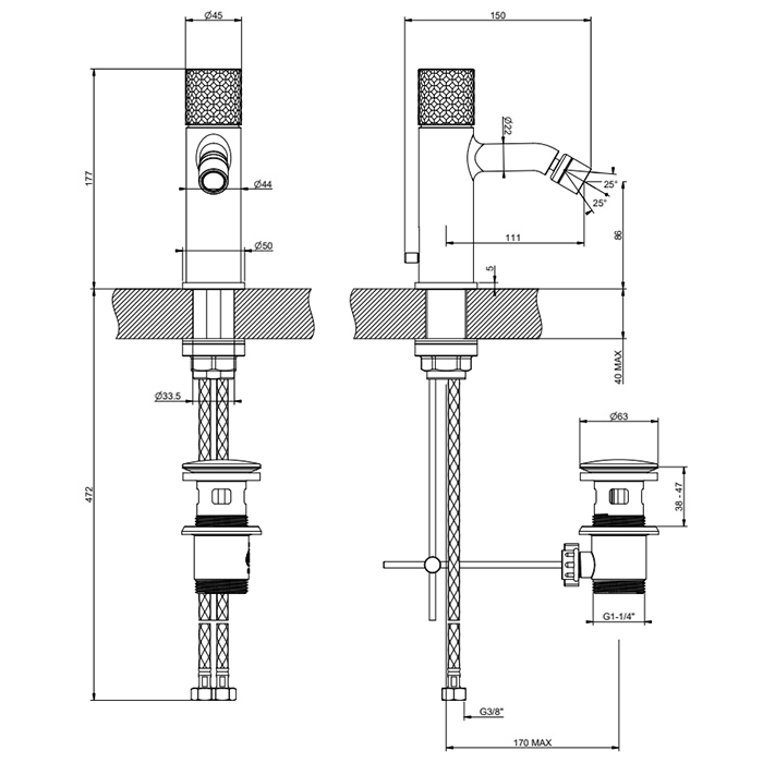 Gessi Habito Intreccio Смеситель для биде, на 1 отв., с донным клапаном, цвет: хром