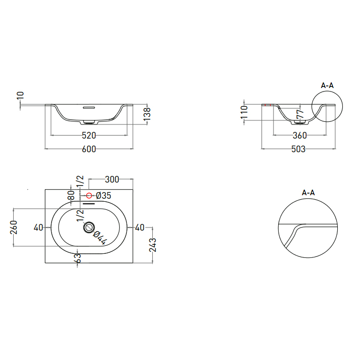 Salini Onda Flow Oval Essentials Раковина 60х50х14см., подвесная, 1 отв., цвет: белый матовый