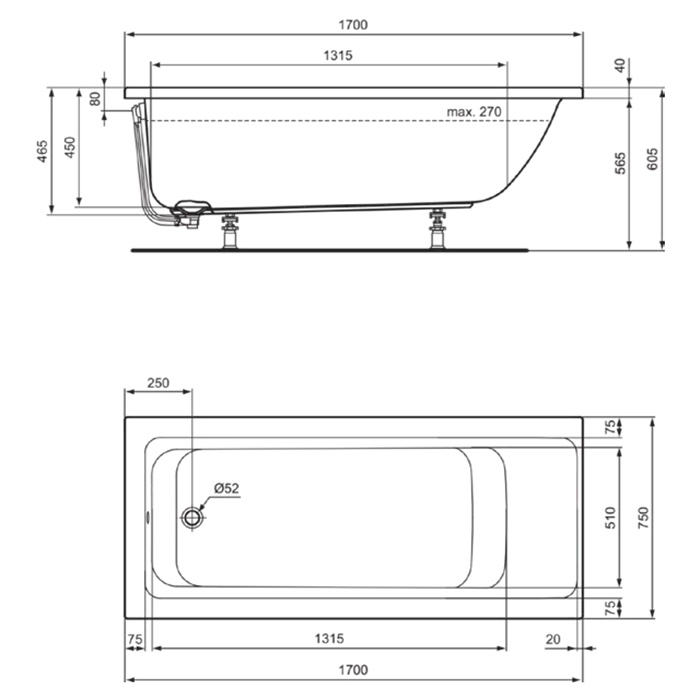 Ideal Standard Connect Air Ванна 170x75 см, встраиваемая, акрил, без панелей, перелива, без ножек, цвет: белый глянец