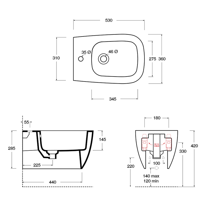 Alice Wunder Биде подвесное 53х31см., с набором для крепления, цвет: белый матовый
