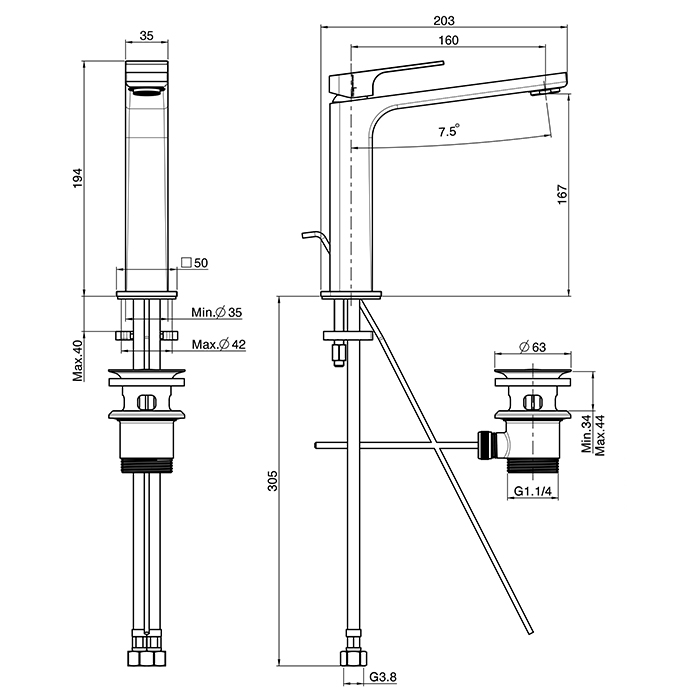 Carlo Frattini Fit Смеситель для раковины, на 1 отв, донный клапан, h167мм излив 160мм, цвет: черный матовый