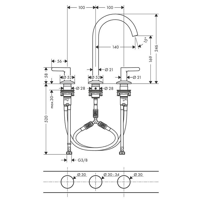 Axor One Смеситель для раковины 170, на 3 отв., с донным клапаном Push-Open, цвет: сталь