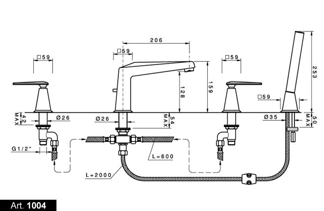Nicolazzi Vincent Смеситель на борт ванны, 4 отв., излив: 206 мм, с ручным душем, цвет: золото
