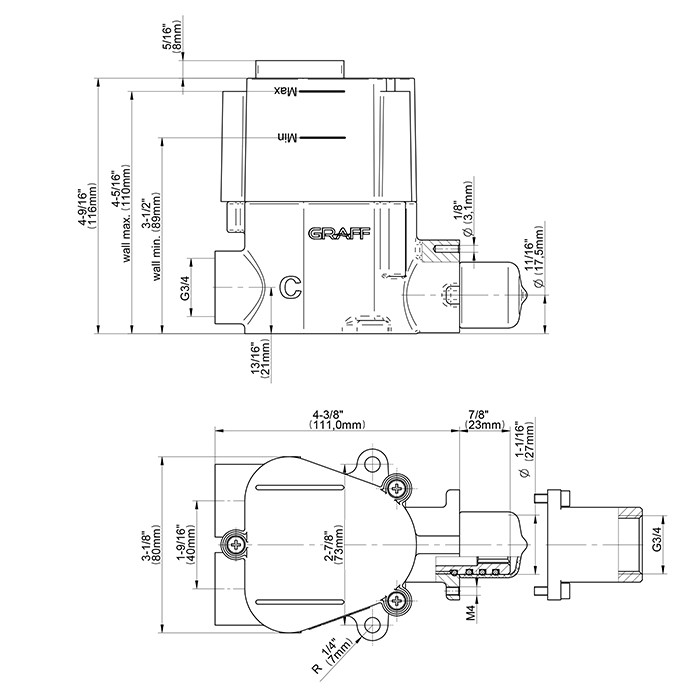 GRAFF UNIVERSAL Серия M - 3/4” скрытый термостатический клапан - черновой монтаж