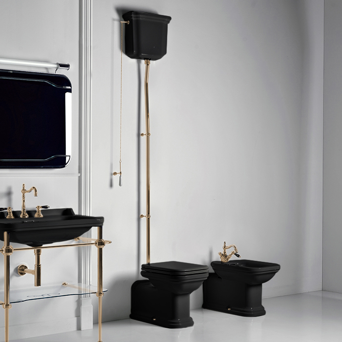 Kerasan Waldorf Унитаз  пристенный удлиненный, с высоким бачком- уст-ка на расстоянии 2см от стены и трубой, цвет: черный/бронза