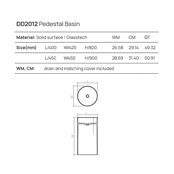 Dea Design Pedestal Basin Раковина 40х40х82см., напольная, без отв., Solid Surface, цвет: White №18