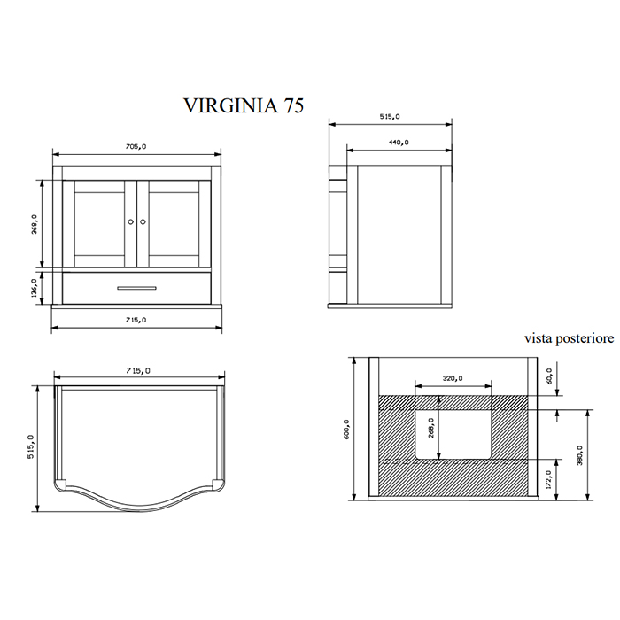 EBAN Virginia Комплект мебели 75 см : База с двумя дверцами и ящиком, под раковину, с раковиной и зеркалом со светильником,  75см , подвесной, Цвет: BIANCO ASSOLUTO