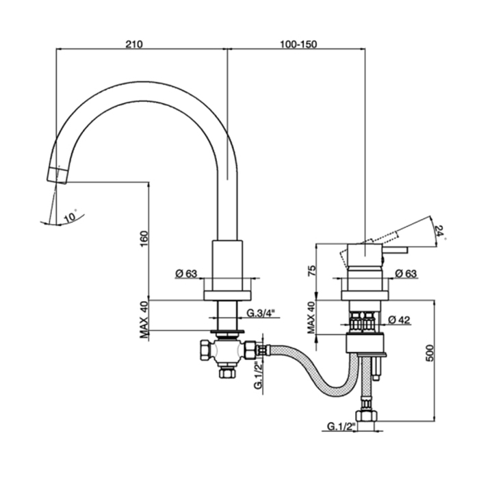 Cisal Less New Смеситель на борт ванны, на 2 отв., с донным клапаном, излив: 21см, цвет черный матовый