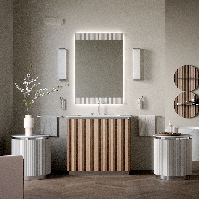 Oasis Naos Композиция №14 Комплект мебели 95х56xh85см, напольный, мраморный топ bianco carrara, цвет: орех трубчатый/хром