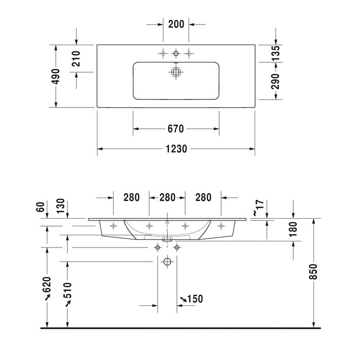 Duravit ME by Starck Раковина 123х49 см, 1 отв., цвет: белый