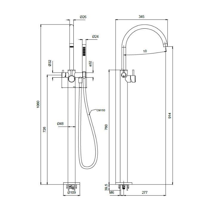 Almar Mixers Смеситель для ванны, напольный, с ручным душем, цвет: черный металл брашированный PVD