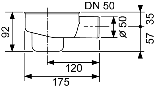 TECE drainline, сифон, 0,8 л/c, DN 50, выход вбок, высота монтажа от нижнего края сифона до верхнего края слива – 120 мм.