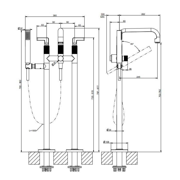 Gessi Inciso Смеситель для ванны, напольный, с ручным душем, цвет: золото