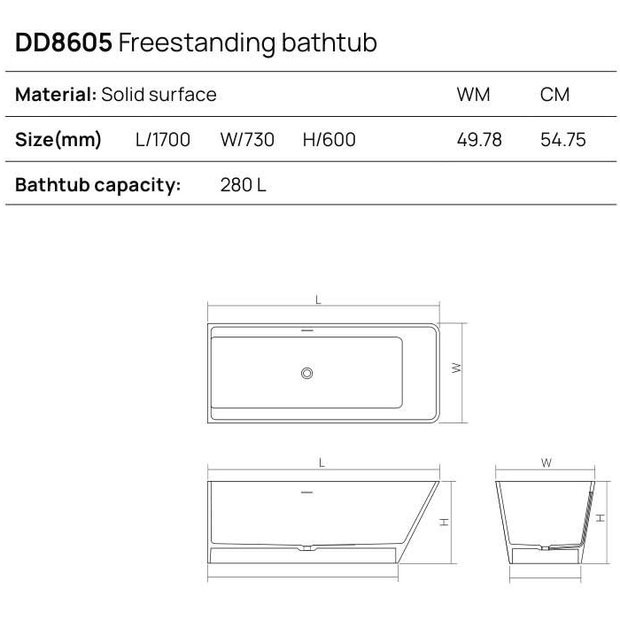 Dea Design Soul Ванна 170х73х60см., отдельностоящая, Solid Surface, цвет: Black №16