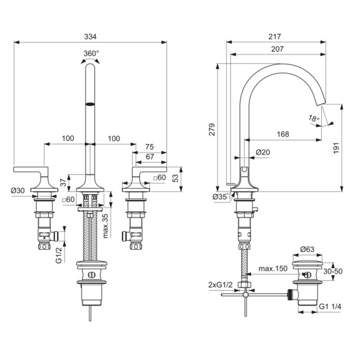 Ideal Standard Joy Neo Смеситель для раковины, на 3 отв., с донным клапаном, цвет: хром
