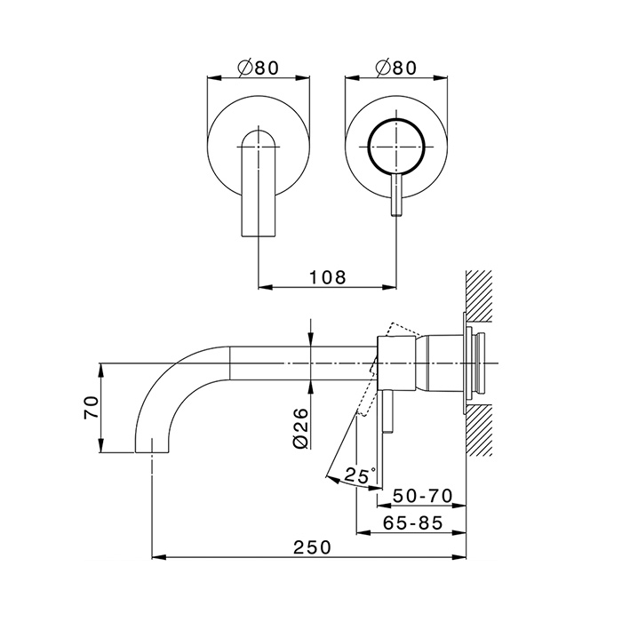 Cisal Less New Смеситель для раковины, настенный,  излив: 25 см., цвет: черный матовый