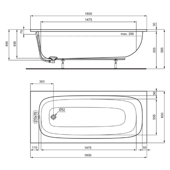 Ideal Standard i.life Ванна 180x80 см, встраиваемая, акрил, без панелей, перелива, без ножек, цвет: белый глянец