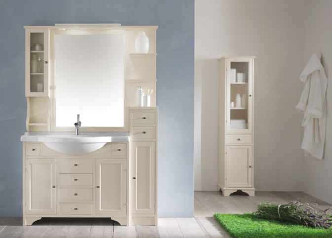 EBAN Eleonora Modular  Комплект мебели, напольный, с зеркалом со шкафчиком слева и светильником, полки справа, колонна правая, ручки хром, 130см, Цвет: Bianco Decape