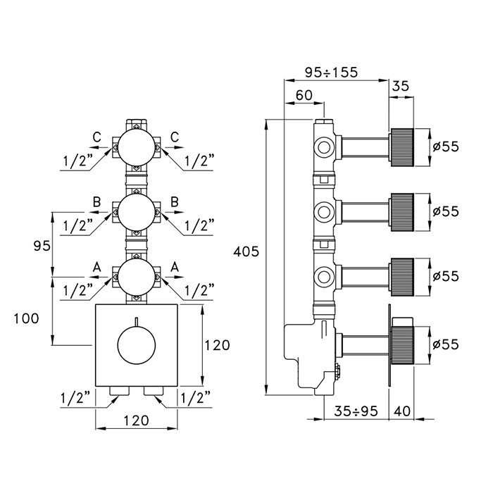 Stella Sirius Смеситель для душа, термостатический, встраиваемый, на 3 потребителя, цвет: черный матовый