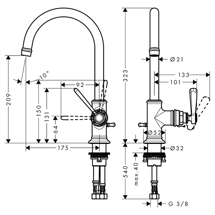 Axor Montreux Смеситель для раковины 210, на 1 отв., с донным клапаном, цвет: полированный черный хром