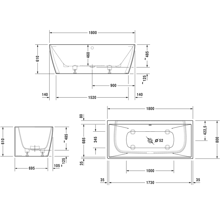 Duravit Vitrium Ванна пристенная 180x80см, с ножками, с2 наклонами для спины, прямоугольная, цвет: матовая корица